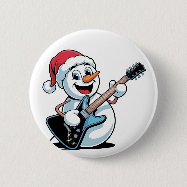 Snowman Playing Electric Guitar Santa Christmas Button (Front)