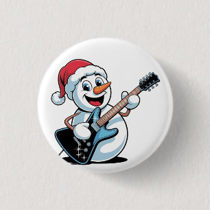 Snowman Playing Electric Guitar Santa Christmas Button