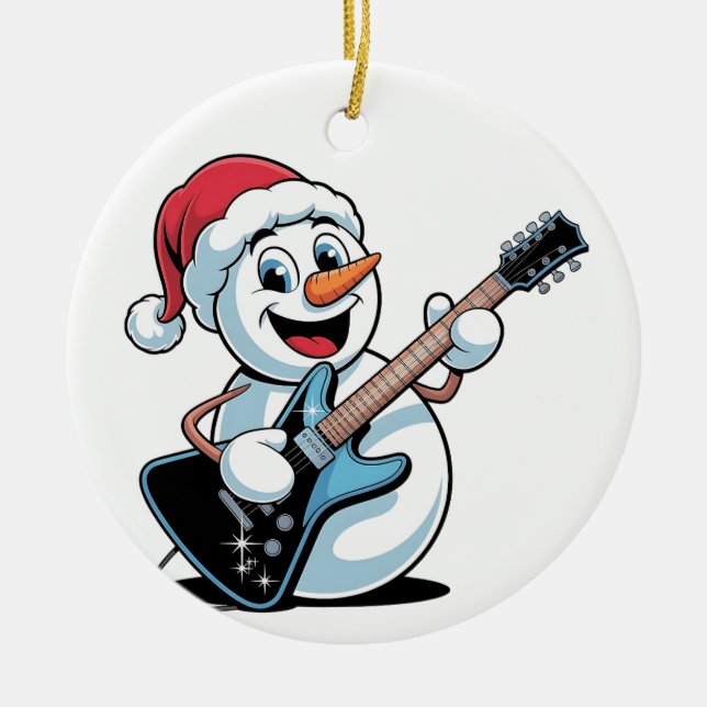 Snowman Playing Electric Guitar Santa Christmas Ceramic Ornament (Front)