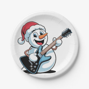 Snowman Playing Electric Guitar Santa Christmas Paper Plates