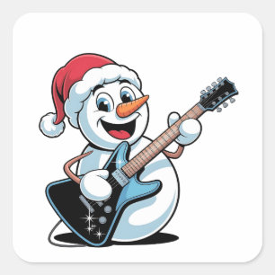 Snowman Playing Electric Guitar Santa Christmas Square Sticker