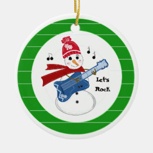 Snowman Playing Electric Rock Guitar Ceramic Ornament