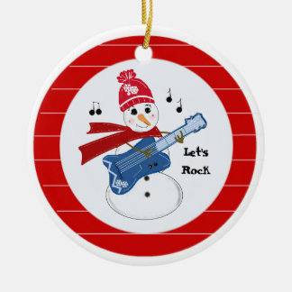 Snowman Playing Electric Rock Guitar Ceramic Ornament