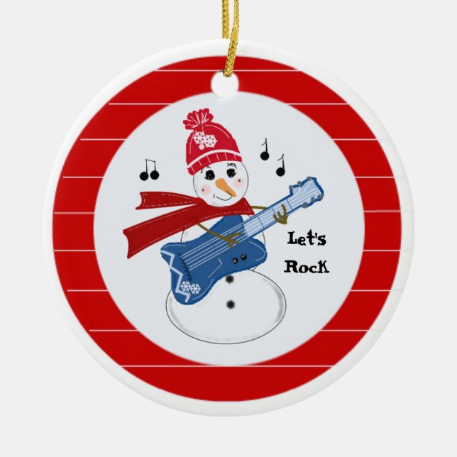 Snowman Playing Electric Rock Guitar Ceramic Ornament (Front)
