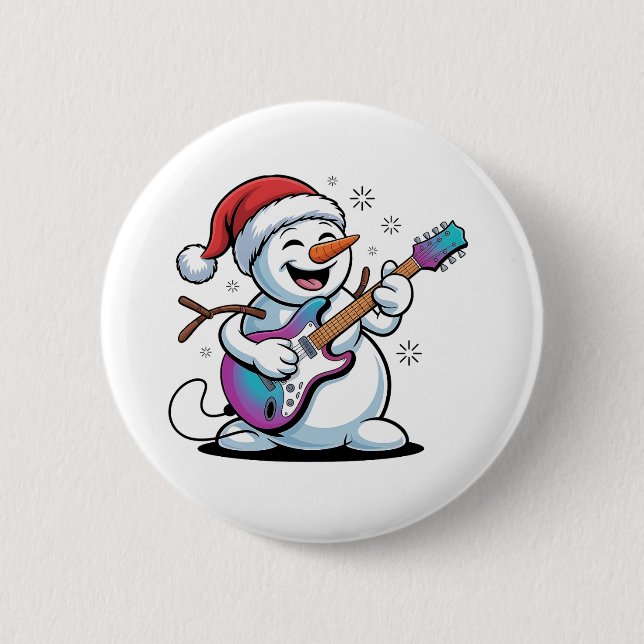 Snowman Playing Guitar Electric Rock Christmas  Button (Front)