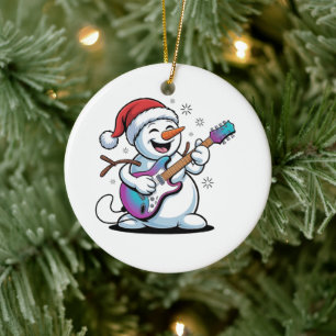 Snowman Playing Guitar Electric Rock Christmas  Ceramic Ornament