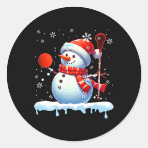 Snowman Playing Lacrosse Christmas Player Fan Love Classic Round Sticker