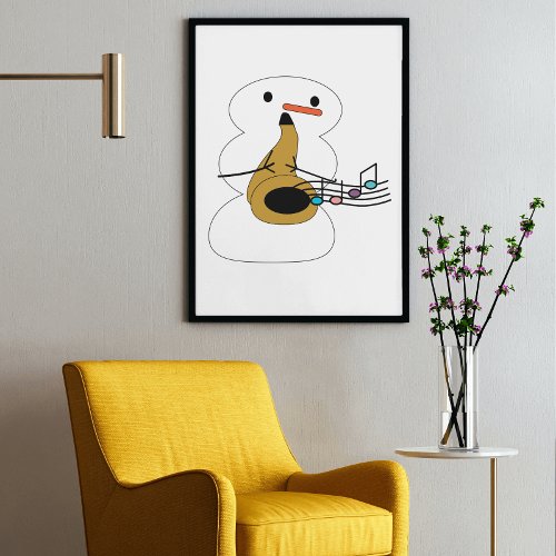 Snowman Playing Saxophone Cute Music Notes Poster