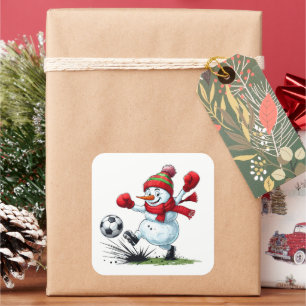 Snowman Playing Soccer Kicking Ball Square Sticker
