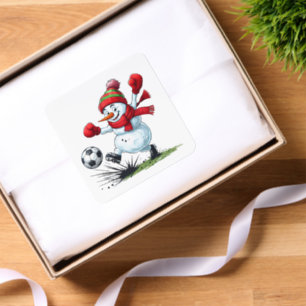 Snowman Playing Soccer Kicking Ball Square Sticker
