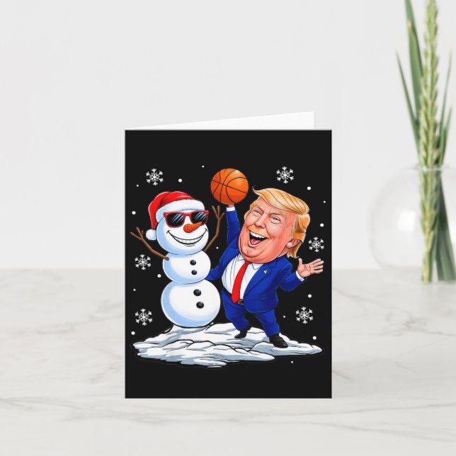 Snowman Plays Basketball With Trump Christmas Funn Card (Front)