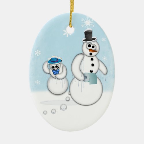 Snowman Poop Ceramic Ornament - A cute Pooping Snowman and witnessing snow woman ornament for the holidays. Looks great on your Christmas tree or hanging from your rear view mirror. A great laugh for the holidays.