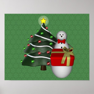 Snowman Present Tree Christmas Holiday Poster