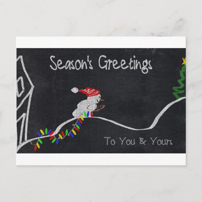 Snowman Pulling Christmas Lights Modern Holiday Postcard (Front)