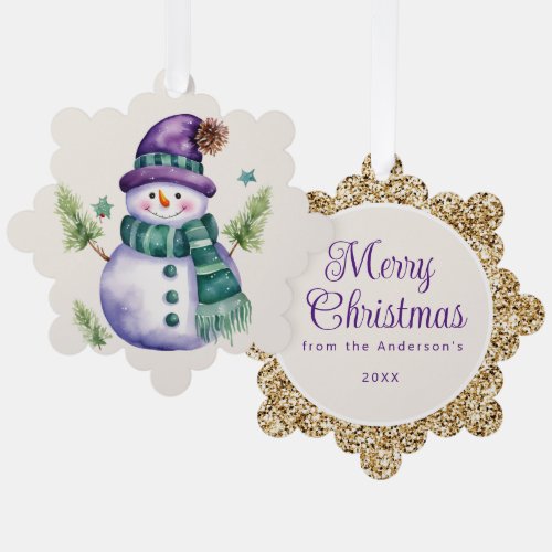 Snowman Purple Gold Green Merry Christmas Greeting Ornament Card
