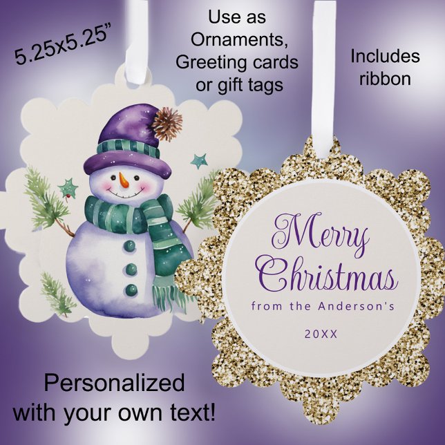 Snowman Purple Gold Green Merry Christmas Greeting Ornament Card (Snowman with purple hat and gold trim Christmas ornament, gift tag, and greeting card all-in-one)