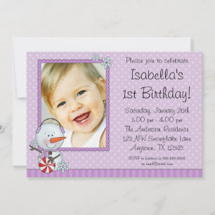 Snowman Purple Winter Photo Birthday Invitation