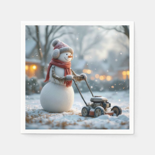 Snowman Pushing an Old Push Lawnmower Napkins (Front)