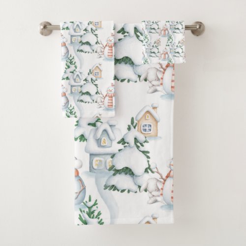 Snowman Rabbit Tree Snow House Christmas Bath Towel Set