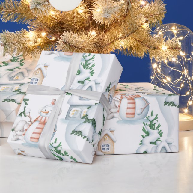 Snowman Rabbit Tree Snow House Christmas Wrapping Paper (Holidays)