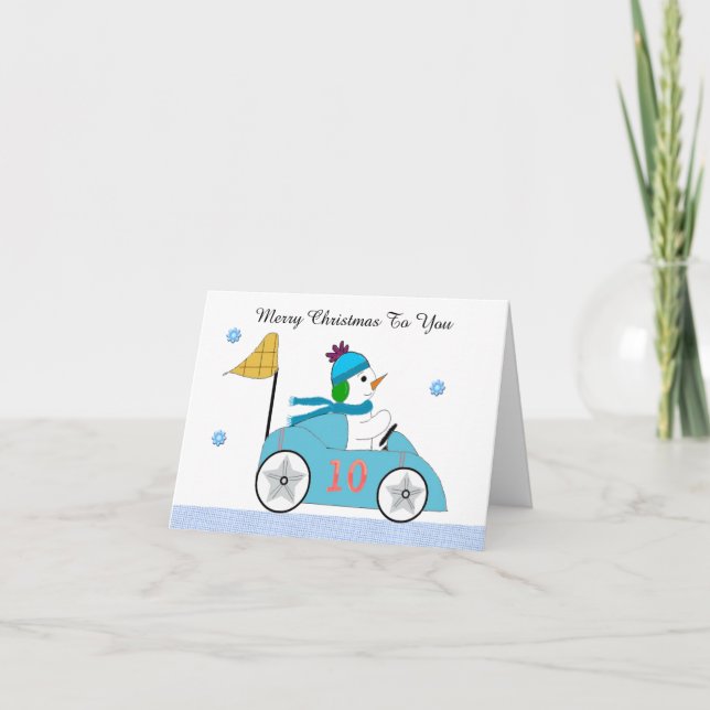 Snowman Race Car Driver Holiday Card (Front)