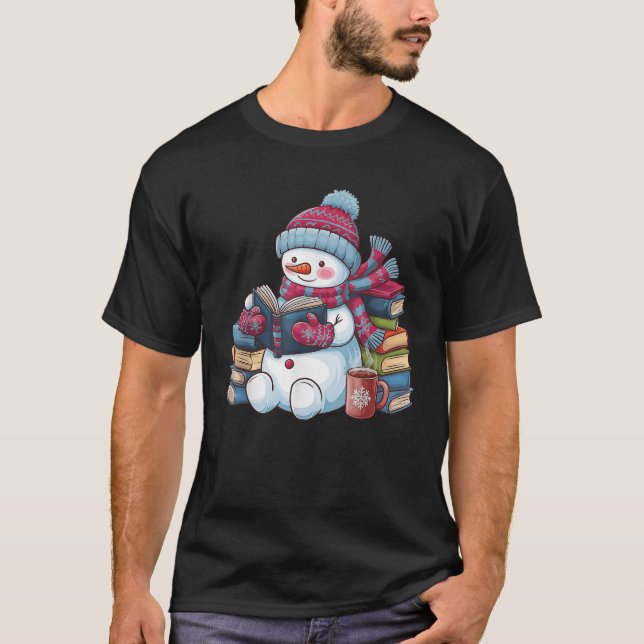 Snowman Reading Book Lovers Christmas Bookworm Lib T-Shirt (Front)
