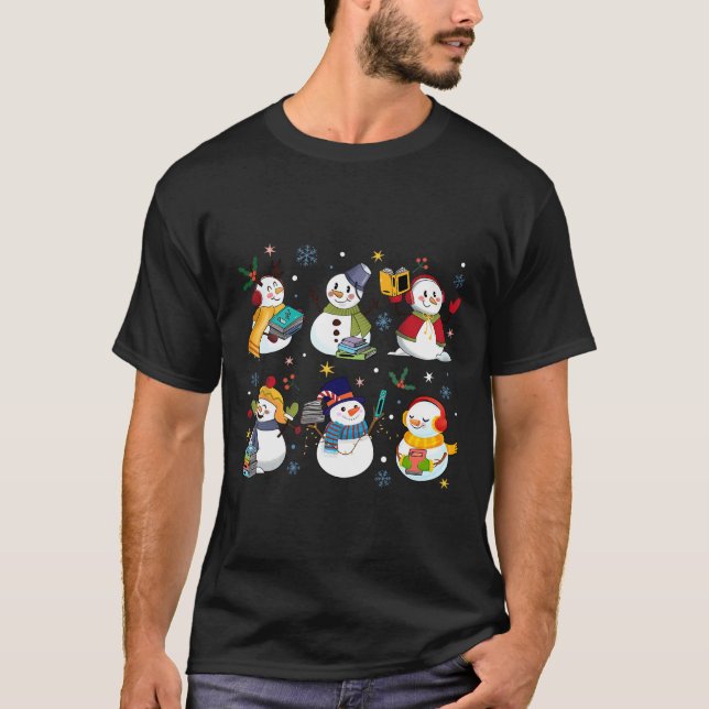 Snowman Reading Books Teacher Christmas Librarian  T-Shirt (Front)