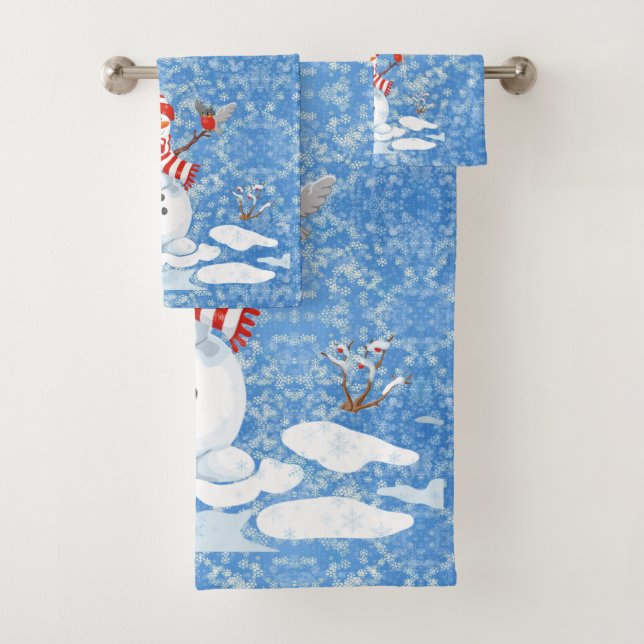 Snowman & Red Bird Christmas Guest Bathroom Bath T Towel Set (Insitu)
