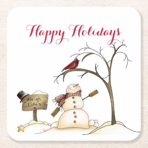 Snowman Red Bird Tree Sleigh Rides Paper Coaster