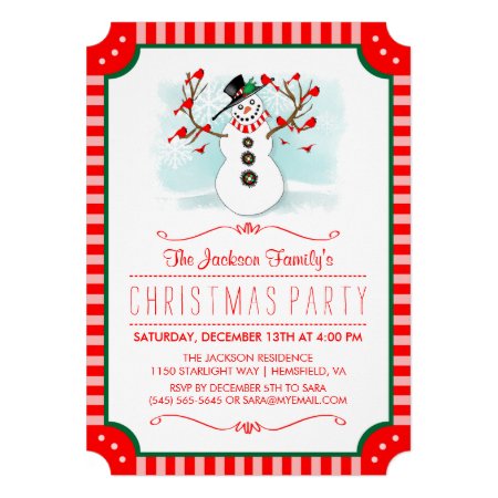 Snowman & Red Birds Family Christmas Invite