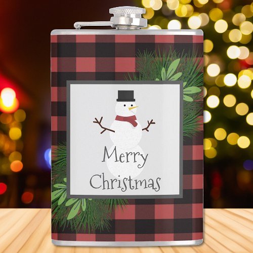 Snowman Red Buffalo Plaid Flask