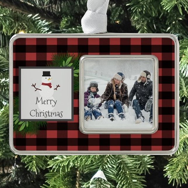 Snowman Red Buffalo Plaid Framed | Black and Red Christmas Ornament (Red Snowman Buffalo Plaid Framed Ornament)