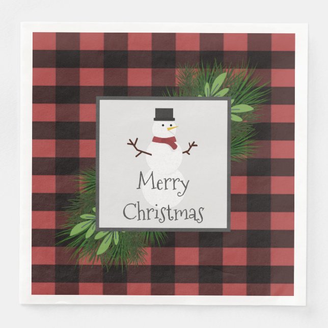 Snowman Red Buffalo Plaid Paper Napkin (Front)