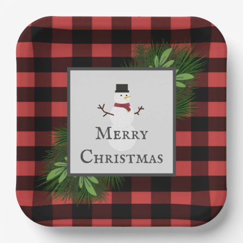 Snowman Red Buffalo Plaid Paper Plate