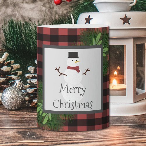 Snowman Red Buffalo Plaid Pillar Candle