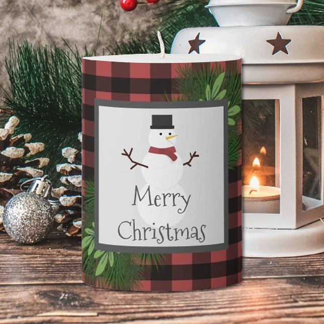 Snowman Red Buffalo Plaid Pillar Candle (Red Snowman Buffalo Plaid Pillar Candle)