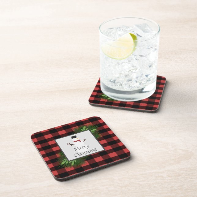 Snowman Red Buffalo Plaid Plastic Coaster (Right Side)
