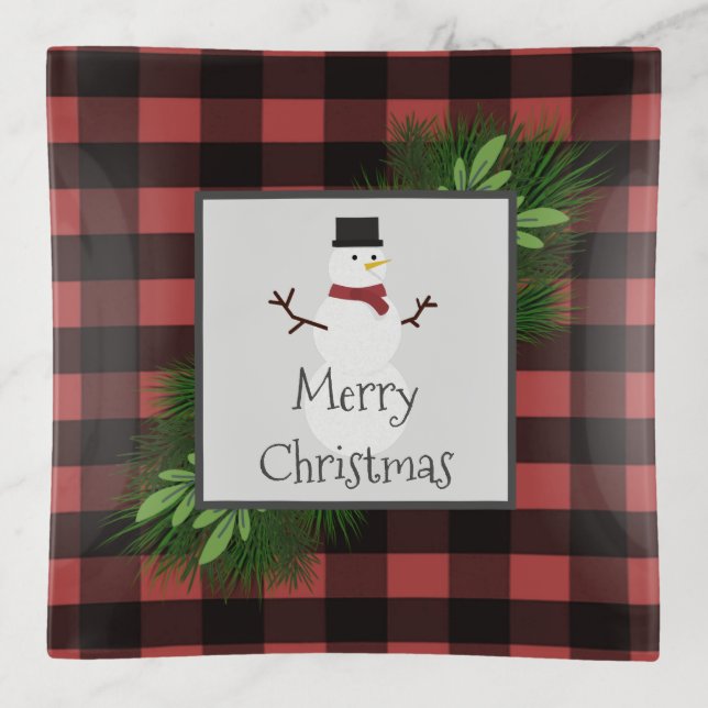 Snowman Red Buffalo Plaid Trinket Tray (Front)