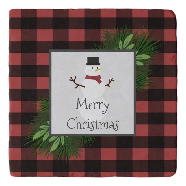 Snowman Red Buffalo Plaid Trivet (Front)