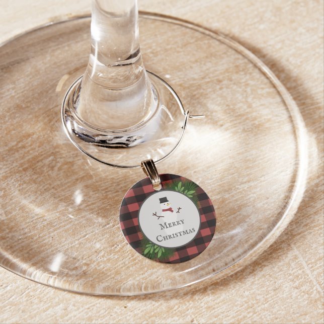 Snowman Red Buffalo Plaid Wine Charm (In Situ)