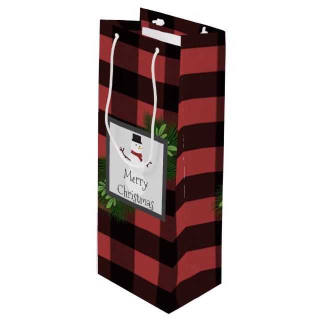 Snowman Red Buffalo Plaid Wine Gift Bag (Front Angled)