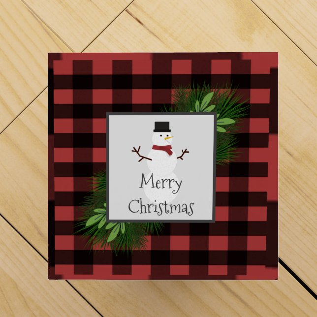 Snowman Red Buffalo Plaid Wine Gift Box (Top)