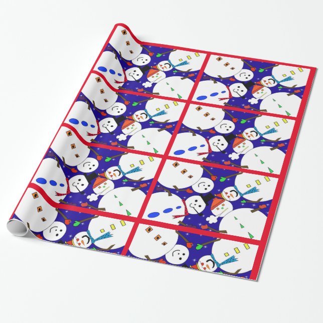 Snowman Red Christmas Wrapping Paper  (Unrolled)