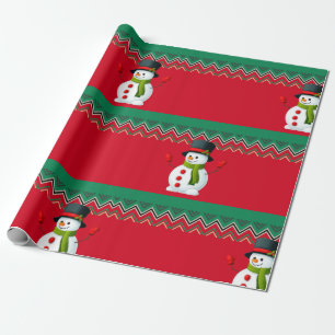 Snowman Red & Green Chevron Pattern Ribbon Wrapping Paper
