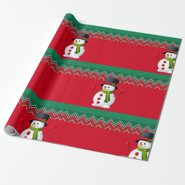 Snowman Red & Green Chevron Pattern Ribbon Wrapping Paper (Unrolled)