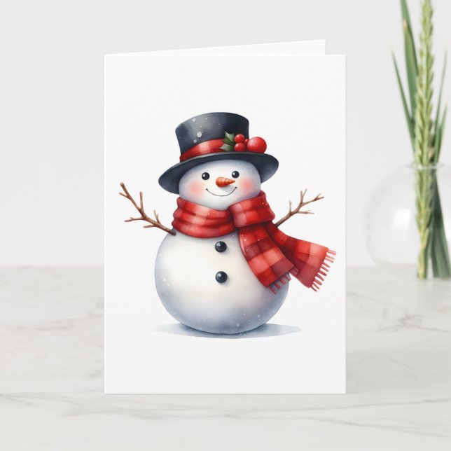 Snowman Red Plaid Scarf Black Hat Blank Holiday  Card (Front)
