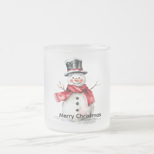 Snowman Red Scarf Christmas Frosted Glass Coffee Mug (Center)