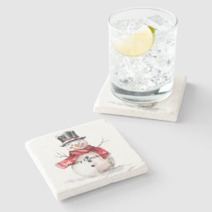 Snowman Red Scarf Christmas Stone Coaster