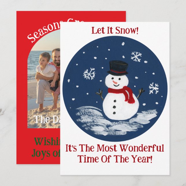 Snowman Red Wonderful Time Year YOUR PHOTO  Holiday Card (Front/Back)