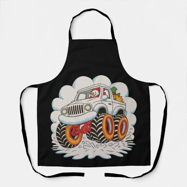 Snowman Riding Monster Truck Christmas Xmas Winter Apron (Front)